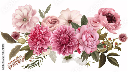Rosas de jardim rosa  ran  nculo  pe  nia  allium  buqu   de design vetorial de flores d  lia.