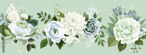 Verde sábio prateado, menta, azul, flores brancas vector design buquês de primavera. Peônia, rosa, dália, hortênsia, suculenta photo