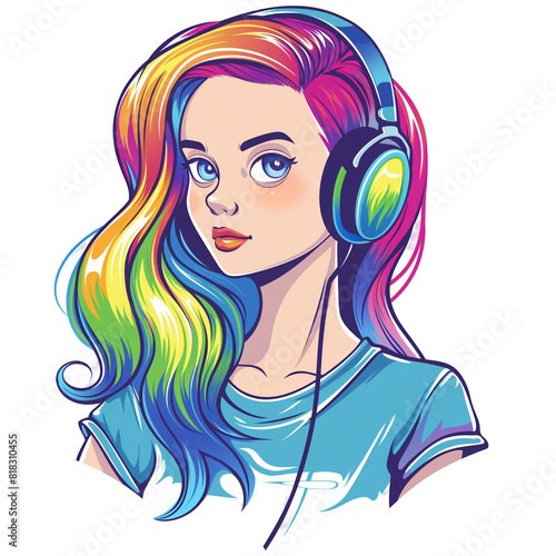 girl with rainbow hair wearing headphones . Clipart PNG image . Transparent background . Cartoon vector style
