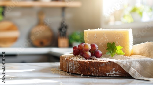 Parmesan Cheese with Grapes and Parsley on Wooden Board in Sunlit Kitchen

