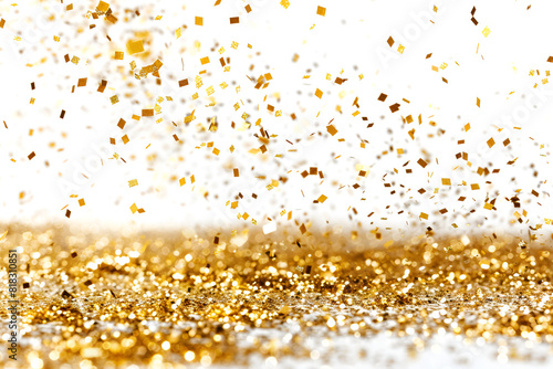 Gold confetti sand falling and scatter on white space.