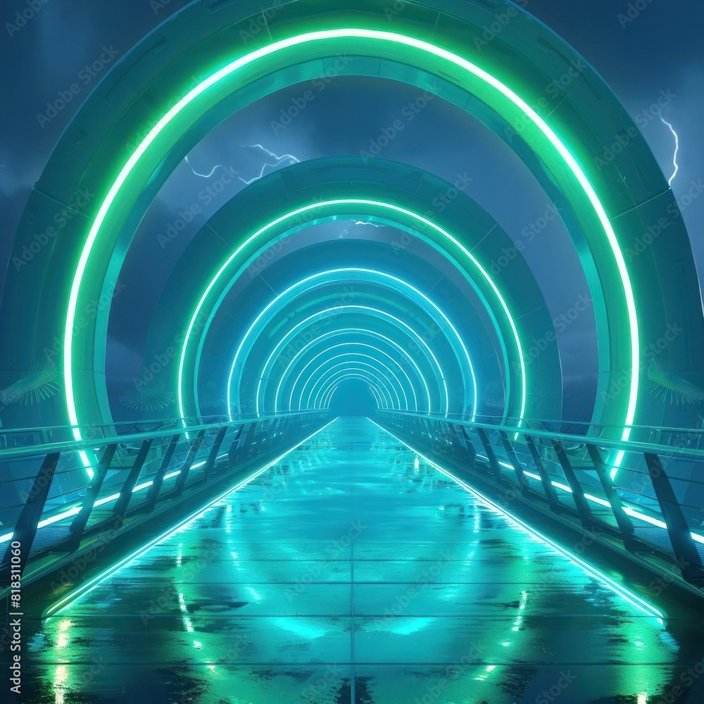 Ultramodern Bridges Futuristic Lighting Design Shines with Neon Green and Blue Hues at Night in Digital Art