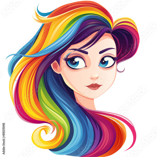 girl with rainbow hair . Clipart PNG image . Transparent background . Cartoon vector style
