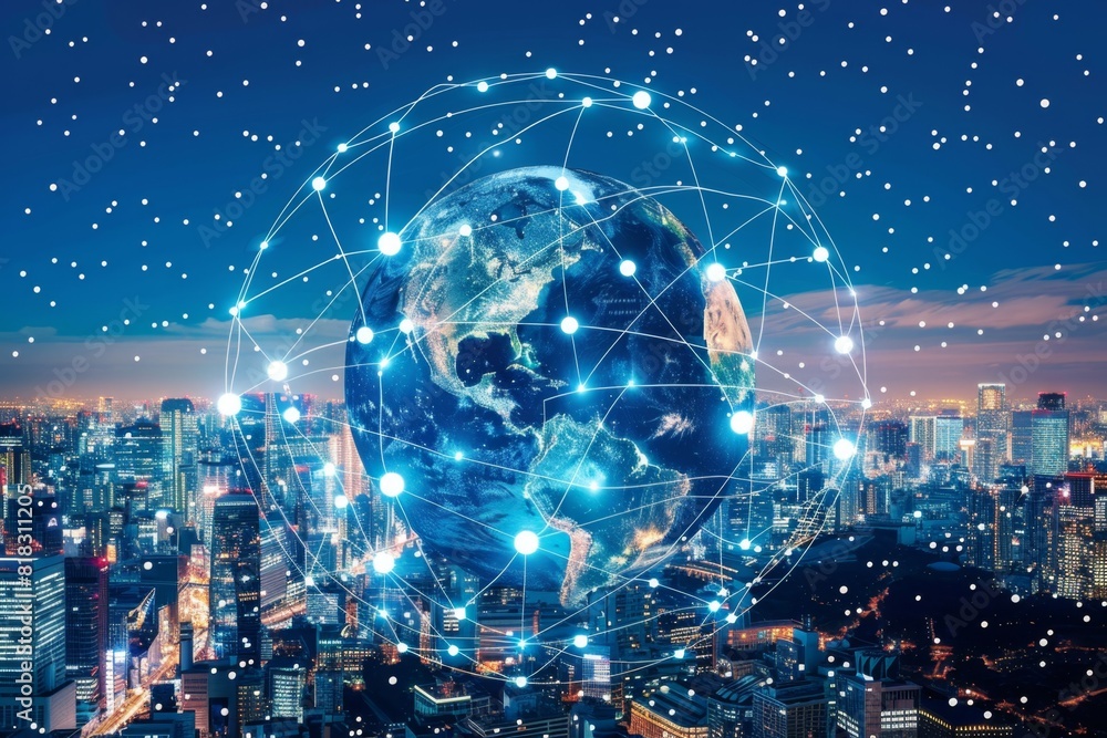 Fototapeta premium A digital illustration of the Earth with global network connections, representing interconnectedness and connectivity across different urban areas Generative AI