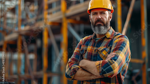A man with a beard is depicted wearing a hard hat, indicating he is likely a skilled construction worker. 