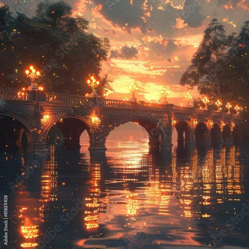 Golden Sunset Reflections on a Serene D Rendered Bridge