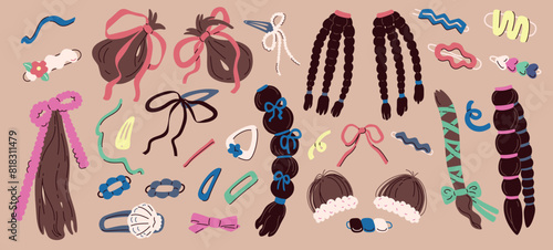 Hair accessories with bows and ribbons. Trendy braiding. Cute woman hairpins. Collection hairstyles with braids. Bundle of different hairdo. Flat cartoon vector illustration.