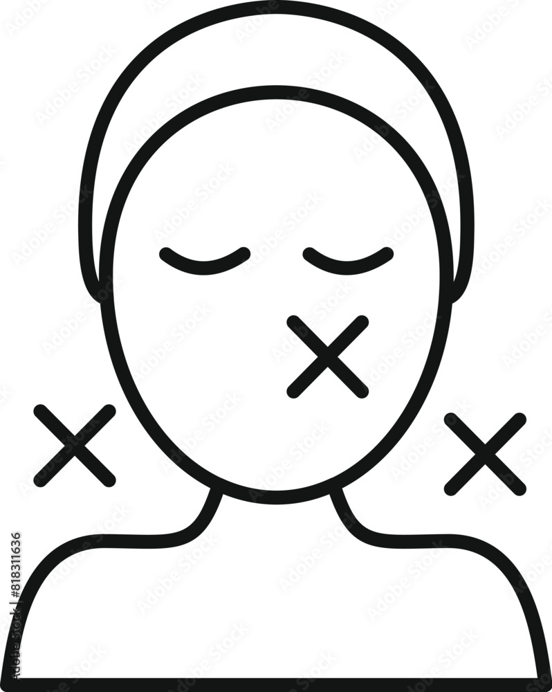 A linear icon depicting a female figure with crossed marks on her mouth and cheeks A linear icon depicting a female figure with crossed marks on her mouth and cheeks