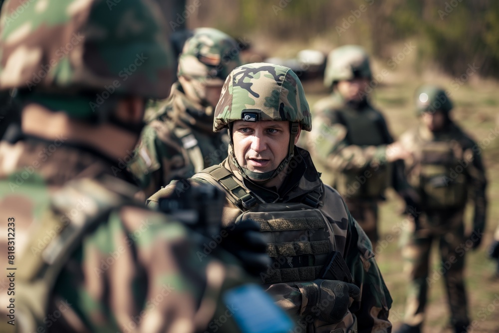 Close-up of a soldier with a serious expression, wearing camouflage and tactical gear, standing ready with his unit in the background during a military exercise Close-up of a soldier with a serious expression, wearing camouflage and tactical gear, standing ready with his unit in the background during a military exercise