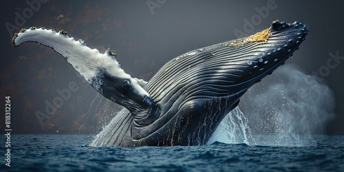 A humpback whale breaches the surface of the ocean, its massive tail flukes creating a splash. photo