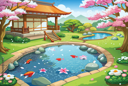 A serene scene of a tranquil koi pond in a secluded Japanese garden, with cherry blossom petals floating on the water surface VECTOR ILLUSTRATION. AI GENERATED