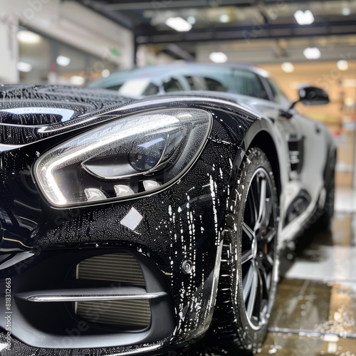 A black sports car is being washed and waxed