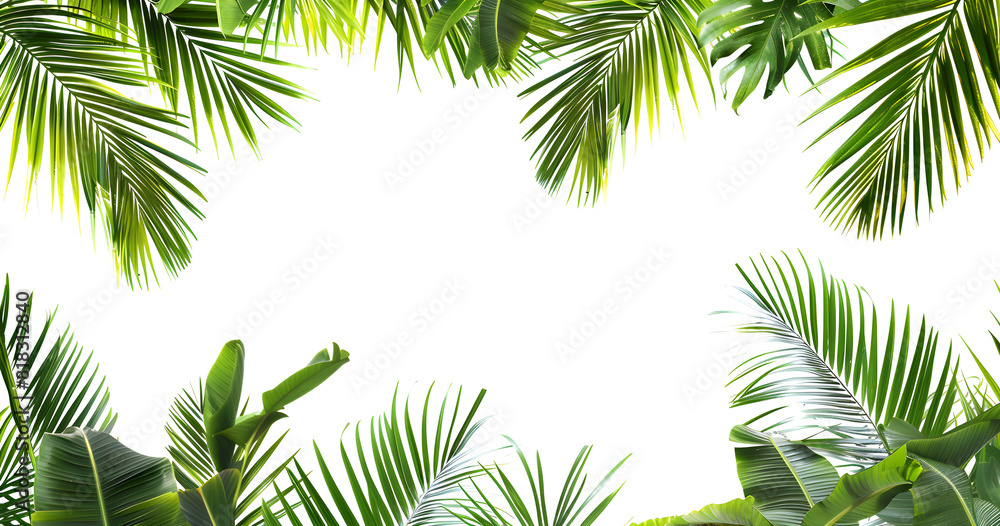 Palm tree leaves overlay texture with border of fresh green tropical plants on white background. Suitable for tropical holiday and nature-related designs. Palm tree leaves overlay texture with border of fresh green tropical plants on white background. Suitable for tropical holiday and nature-related designs.