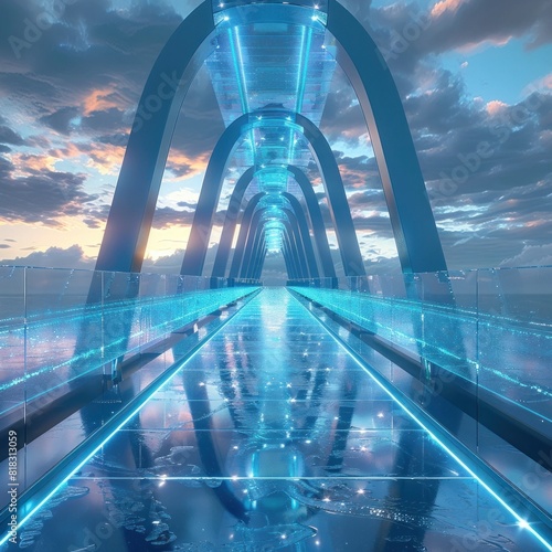 Glowing Glass Bridge A Futuristic Neon Blue Design Illuminating the Night Cityscape