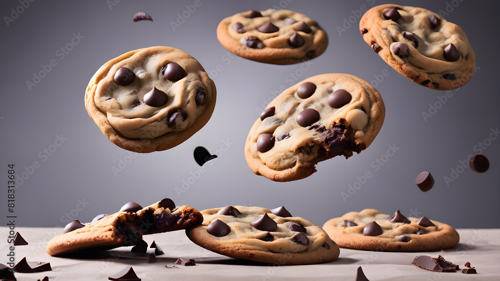 Chocolate chip cookies flying on background, Generative AI Chocolate chip cookies flying on background, Generative AI