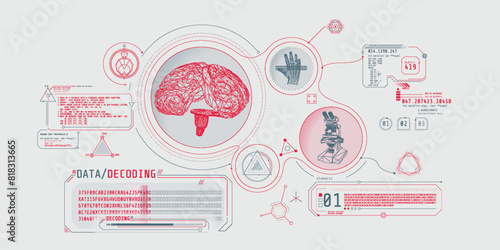 Brain research futuristic interface screen with data decoding.