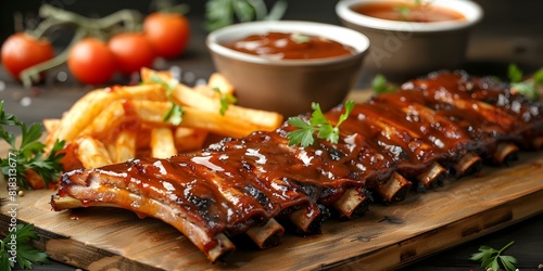 Savor the Flavor: Kansas City-Style Barbecue Ribs with Tender Meat and Sweet Sauce. Concept Food Photography, BBQ Ribs, Kansas City Cuisine, Flavorful Meats, Tasty Sauces photo