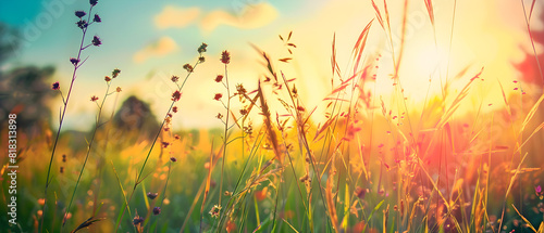 Beautiful summer rustic landscape with tall flowering grass on green meadow at sunrise or sunset against blue sky. Perfect for nature and travel related designs and promotions.