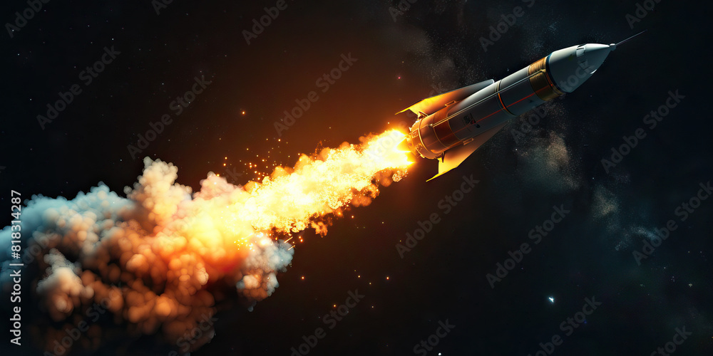 A rocket launches into space, its fiery tail leaving a trail of smoke behind it A rocket launches into space, its fiery tail leaving a trail of smoke behind it