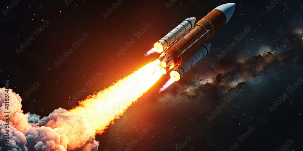 A rocket launches into space, its fiery tail leaving a trail of smoke behind it A rocket launches into space, its fiery tail leaving a trail of smoke behind it