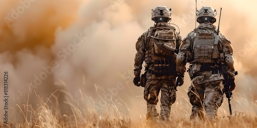 Two unidentified soldiers in military gear with artificial intelligence walking in field. Concept Military Technology, Artificial Intelligence, Soldier, Field, Surveillance
