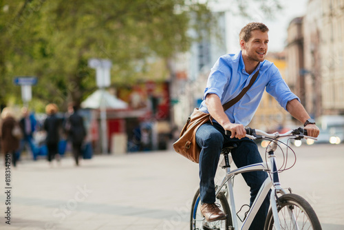Smiling young businessman riding a bicycle in city