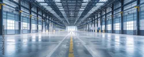 Empty modern warehouse interior with metal structures and bright lighting.