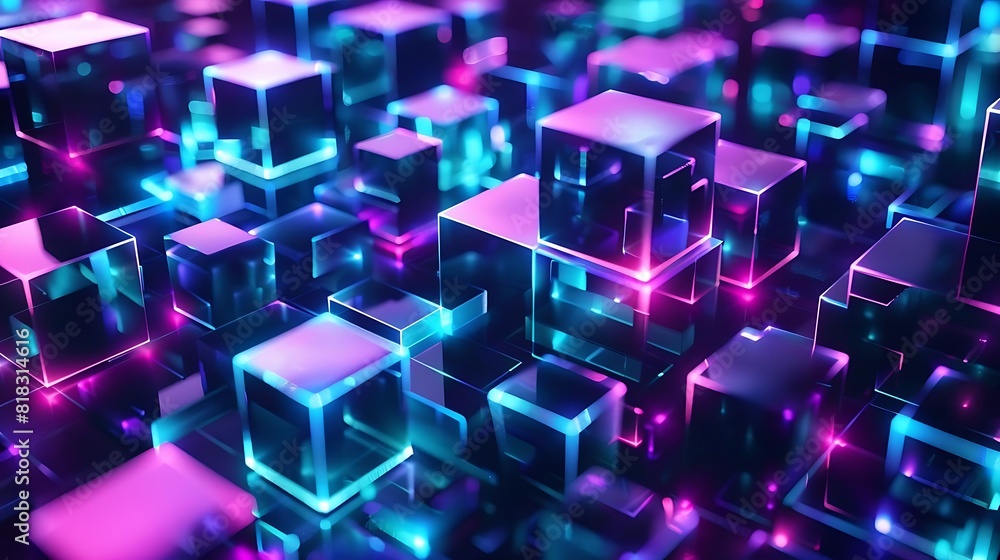 3D rendering of glowing neon cubes. Futuristic technology, virtual reality concept. 3D rendering of glowing neon cubes. Futuristic technology, virtual reality concept.