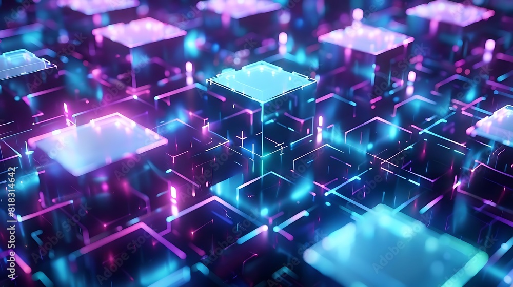 3D rendering of glowing purple and blue cubes. 3D rendering of glowing purple and blue cubes.