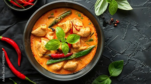 A bowl of red curry with chicken, vegetables and herbs on a dark background.