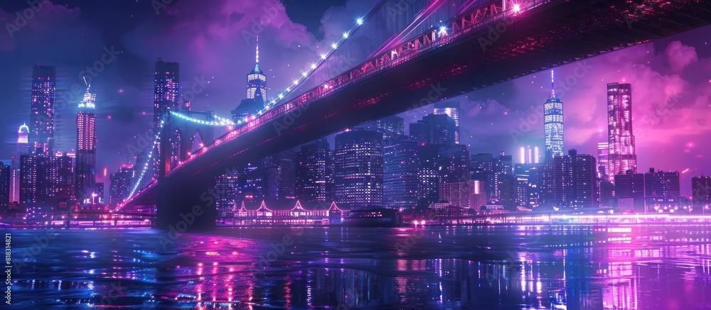 Contemporary Bridge Illuminated by Dynamic Light Patterns at Vibrant Night City Digital Painting