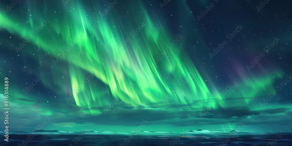 The Northern Lights dance across the Arctic sky, painting the horizon in shades of green and purple
