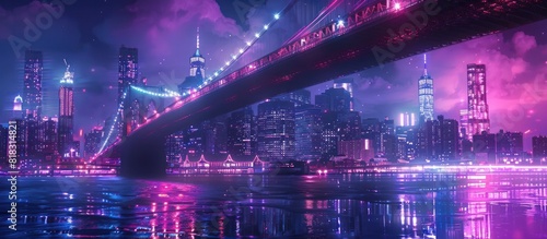 Contemporary Bridge Illuminated by Dynamic Light Patterns at Vibrant Night City Digital Painting