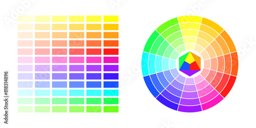 Color wheel, vector illustration. Color wheel isolated circle on white background, with twelve colors in gradations.