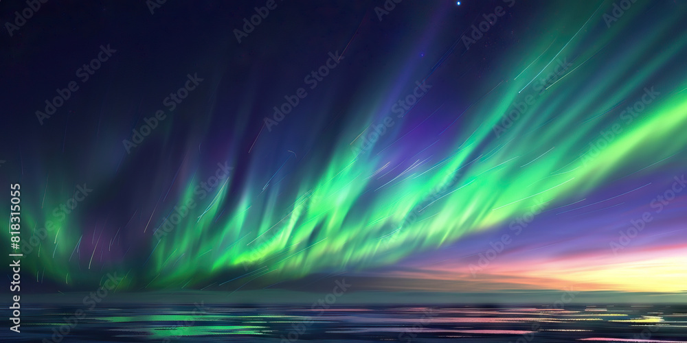 The Northern Lights dance across the Arctic sky, painting the horizon in shades of green and purple The Northern Lights dance across the Arctic sky, painting the horizon in shades of green and purple