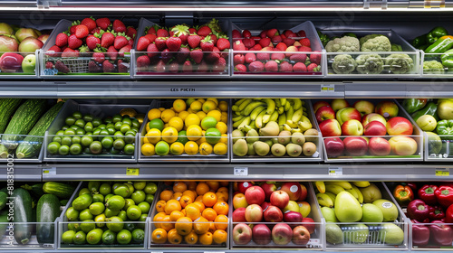 A variety of fresh fruits and vegetables neatly arranged on a refrigerated shelf in a bustling grocery store, ready for customers to select and purchase. photo