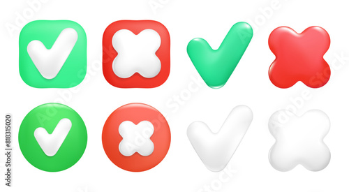 Approve and reject 3d buttons, right and wrong glossy icons. Consent and refusal symbols of acceptance, rejection.