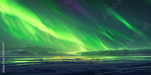 The Northern Lights dance across the Arctic sky  painting the horizon in shades of green and purple
