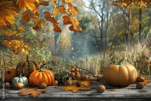 A charming outdoor scene featuring a bountiful arrangement of pumpkins  acorns  and fallen leaves on a wooden table  evoking the warmth and joy of Thanksgiving.