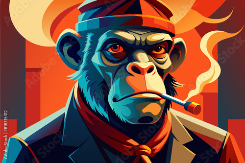 A landscape poster of a monkey smoking a cigar photo