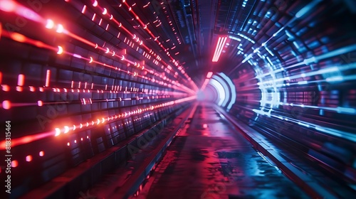 Abstract image of glowing blue and red neon lights in a dark tunnel.