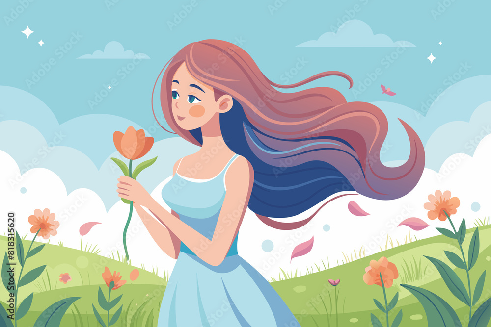 illustration girl with flowers in the garden illustration girl with flowers in the garden