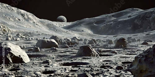 A surreal lunar terrain unveils itself, dotted with craters and timeworn lava formations.