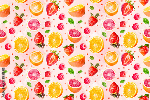A colorful fruit pattern with oranges, strawberries, and raspberries