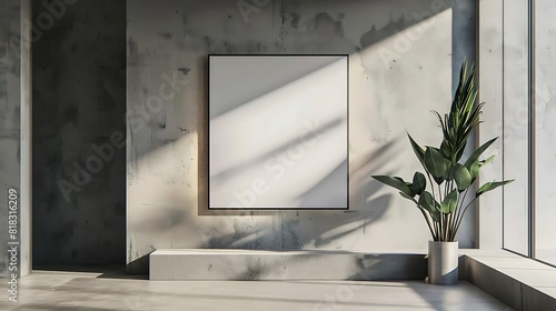 Blank picture frame on the concrete wall in the bright interior
