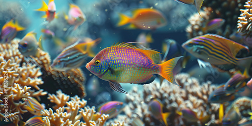 A school of tropical fish swim lazily through a coral reef, their iridescent scales reflecting light