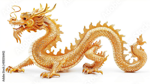 A stunning golden dragon statue is showcased against a plain white backdrop  exuding power and elegance. 