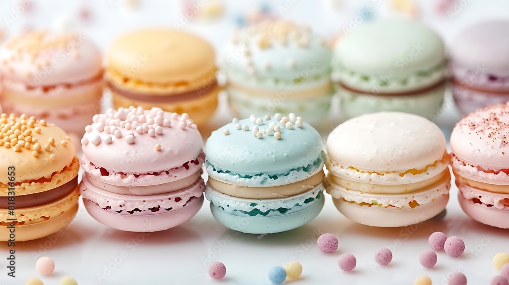 Colorful macarons with sprinkles on white background. Colorful macarons with sprinkles on white background.