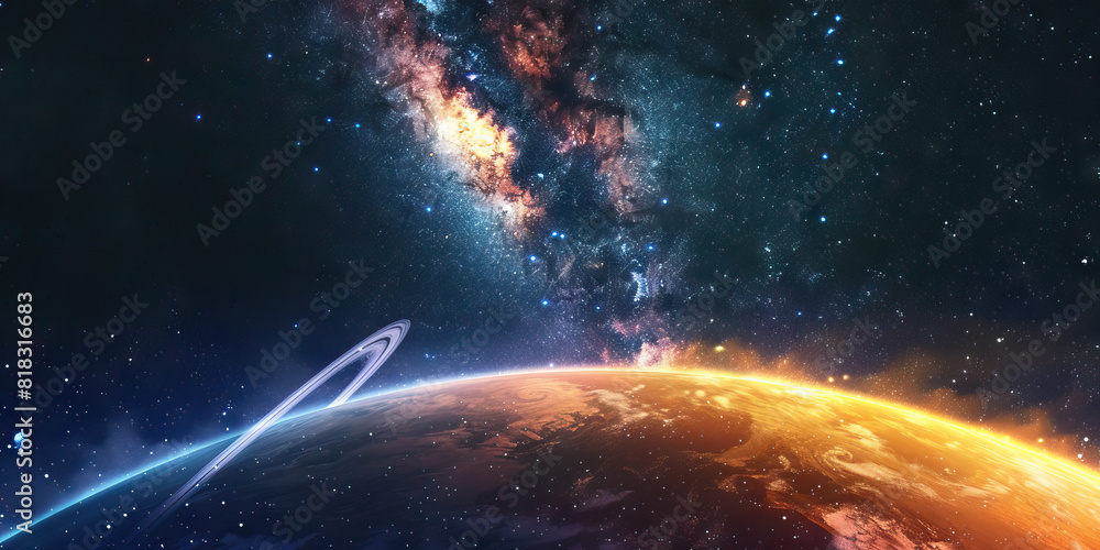 Obraz premium The Milky Way shines above a vibrant planet, its gassy rings clearly visible