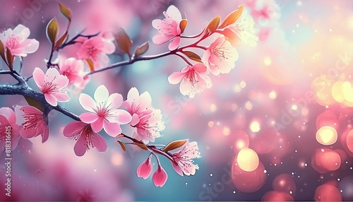 Spring border or background art with pink blossom. Beautiful nature scene with blooming tree and sun flare